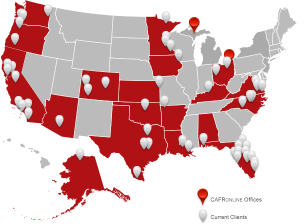 Map of USA showing locations of CAFRONLINE clients