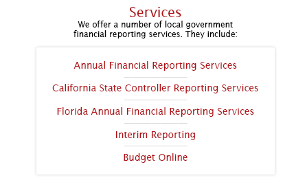 A list of services offered by Thales Consulting, Inc. using CAFROnline as a tool. The services include annual financial reporting, California state controller reporting, Florida annual financial reporting, interim reporting, and budget online.